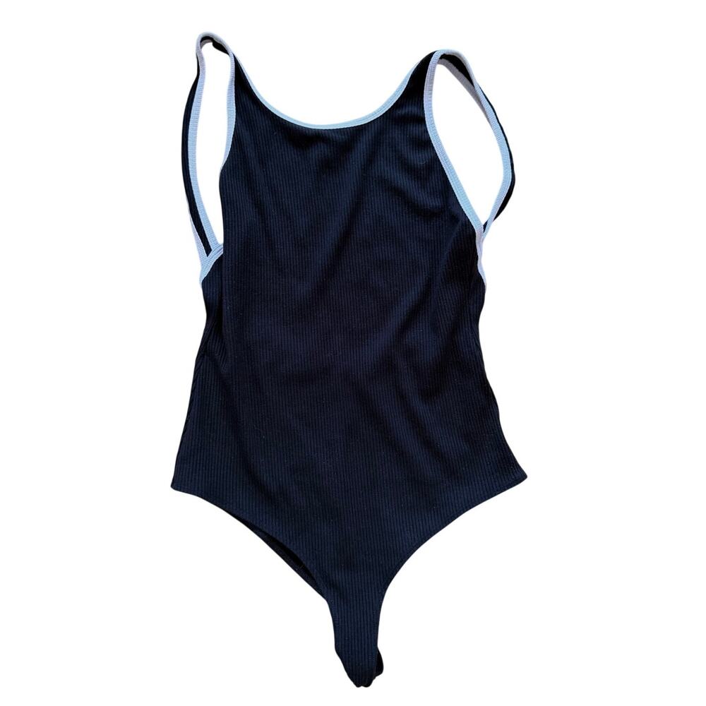 Reformation Black Stretch Rib Knit White Trim Open Back Body Suit